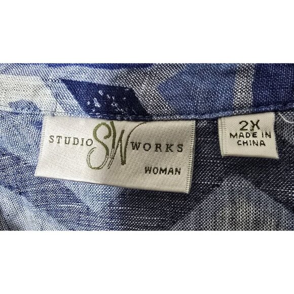 Studio Works Shirt 2X Linen Geometric Artsy Breathable Woven Button Up Boho Blue - Picture 3 of 11